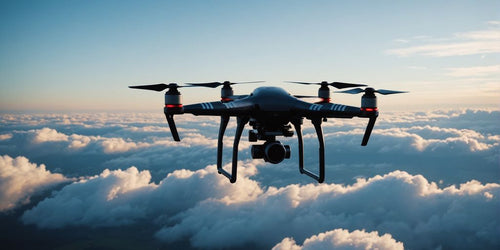 Drone zweeft hoog in de lucht boven de wolken