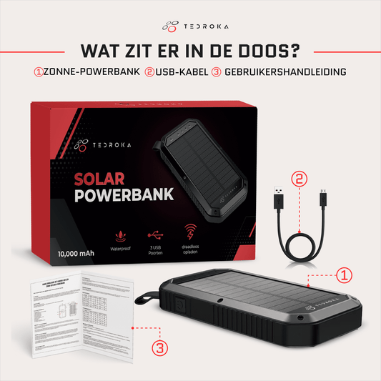 Tedroka® Zonne-energie Power Bank, 3-in-1 Draagbare Oplader, 10000mAh, MagSafe, Snel Opladen voor iPhone & Samsung, 4 USB-poorten, Externe Batterij met Zaklamp