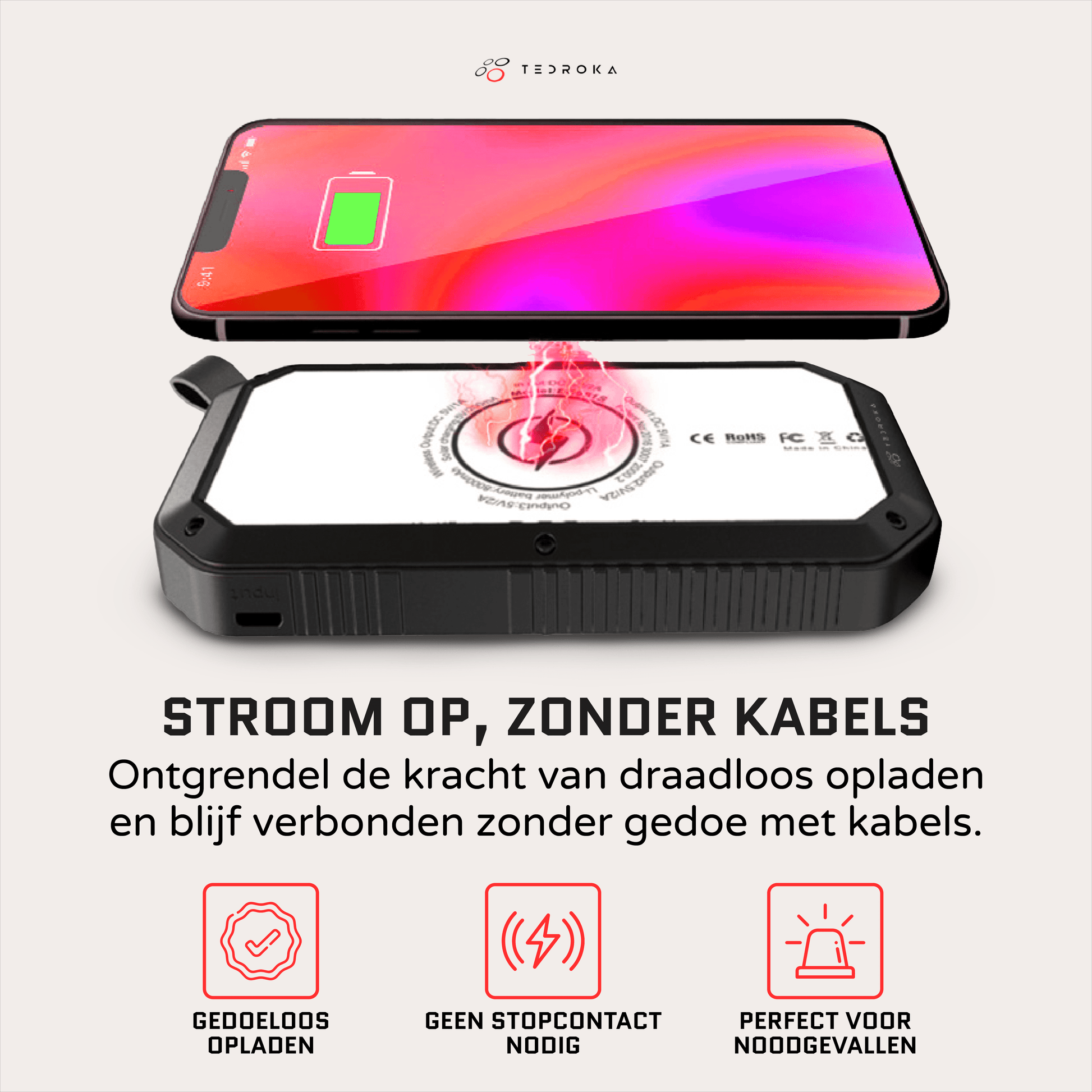 Tedroka® Zonne-energie Power Bank, 3-in-1 Draagbare Oplader, 10000mAh, MagSafe, Snel Opladen voor iPhone & Samsung, 4 USB-poorten, Externe Batterij met Zaklamp