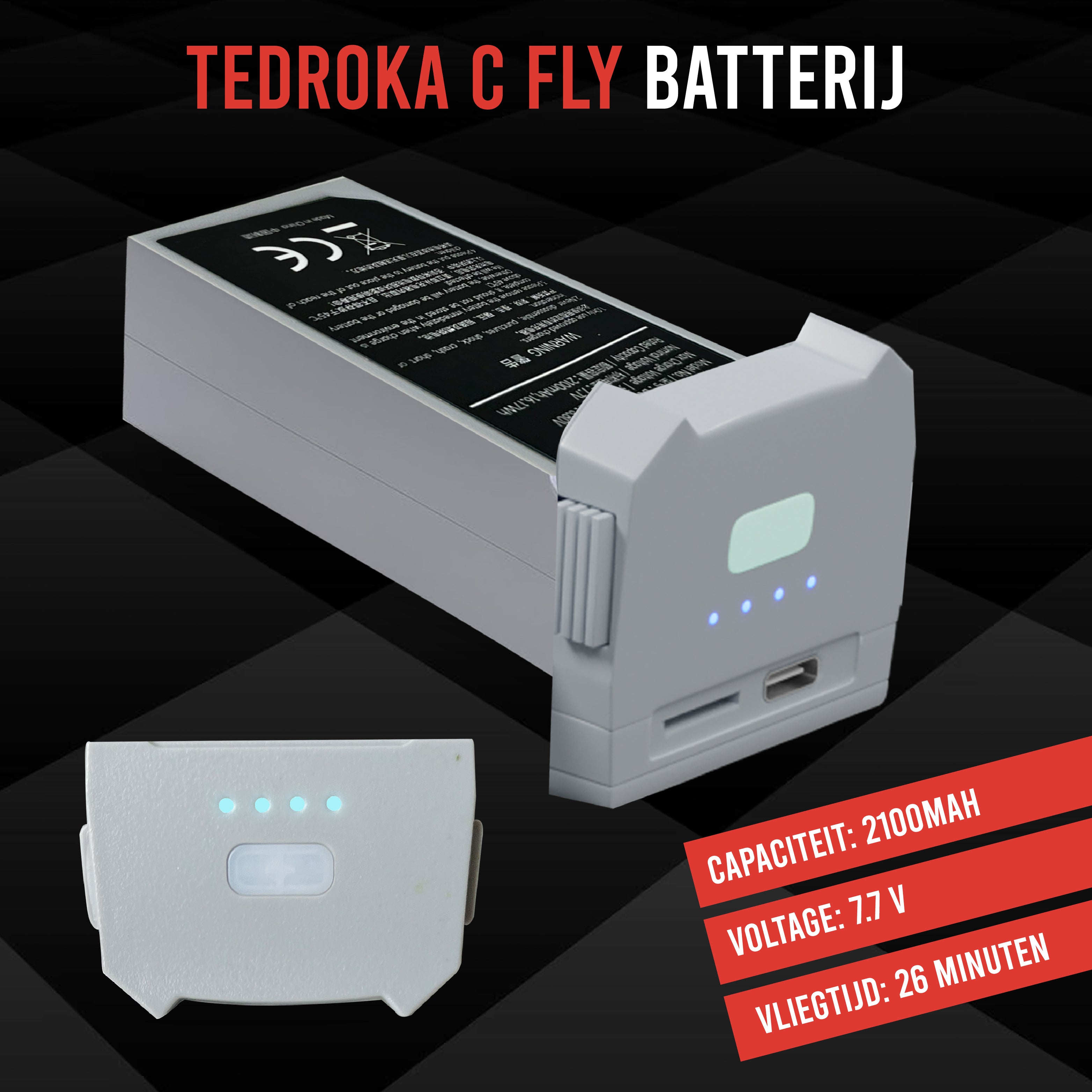 Tedroka® Accu voor C-Fly Drone, 26 min Vliegtijd, Sterk en Compact