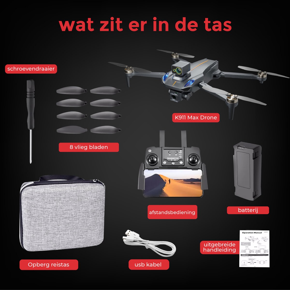 Tedroka K911 Max-Drone met 4K camera- Drone met obstakelvermijding -Inclusief GPS-Drone met camera voor volwassenen-Geen vliegbewijs nodig-800 m bereik -Borstelloze motoren-Inclusief draagbare tas, twee batterijen op.